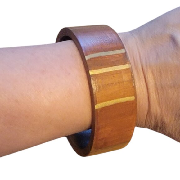 1.25" Wide Wooden Bangle Bracelet, Vintage Boho - Picture 1 of 13